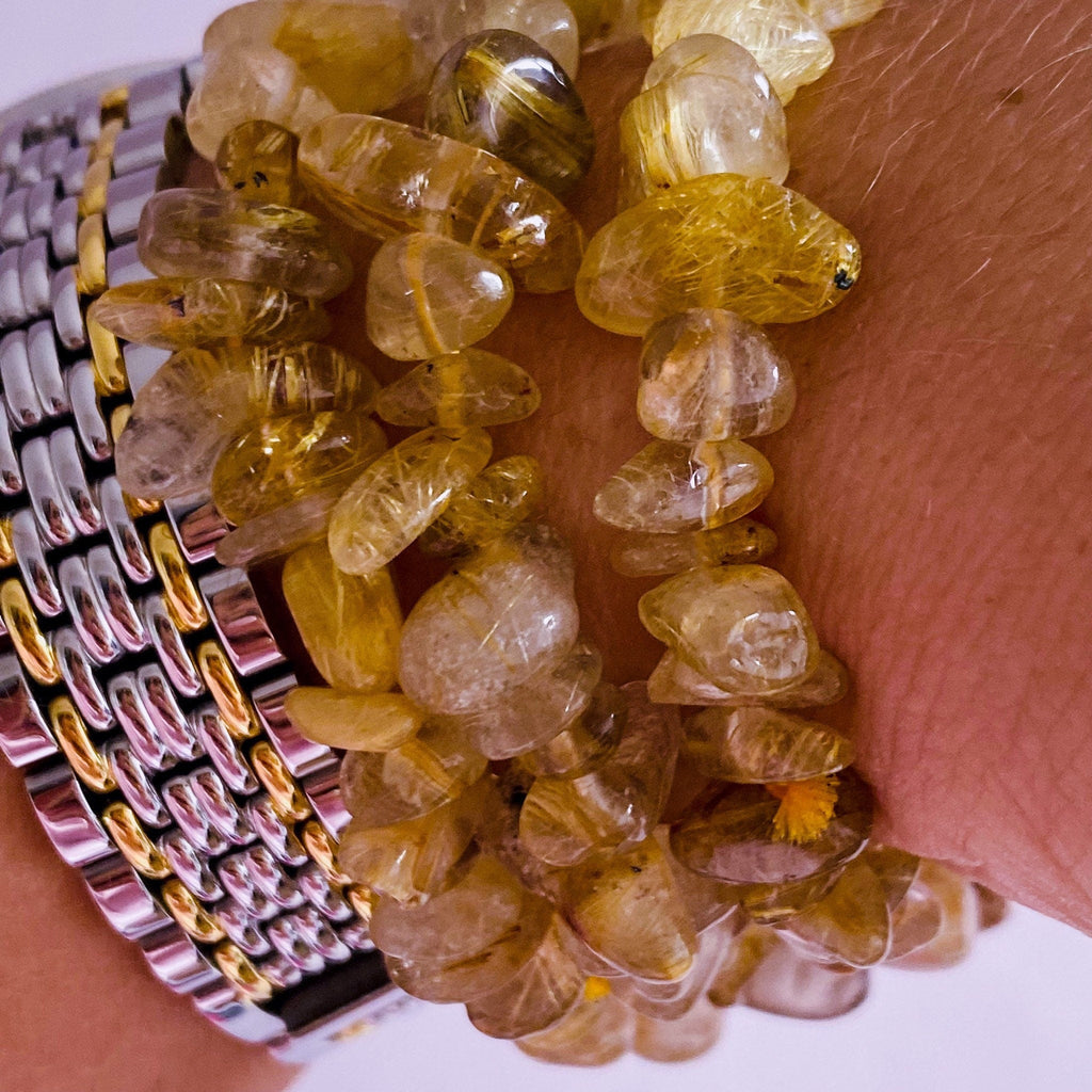 Golden Rutilated Quartz Crystal Chip Bracelets / Reduces Depression, Soothes Low Moods, Blocks Negativity / Eases Anxiety + Fear - Premium  from My Store - Just £13.95! Shop now at Lumi Gemstones