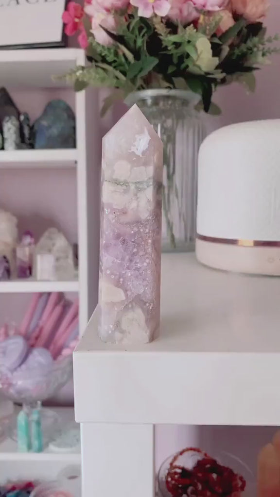 4) Pink Amethyst x Flower Agate Crystal Tower Point / Great For Soul Guidance & Being Open To All Love / Eases Anxiety, Stress, Nightmares