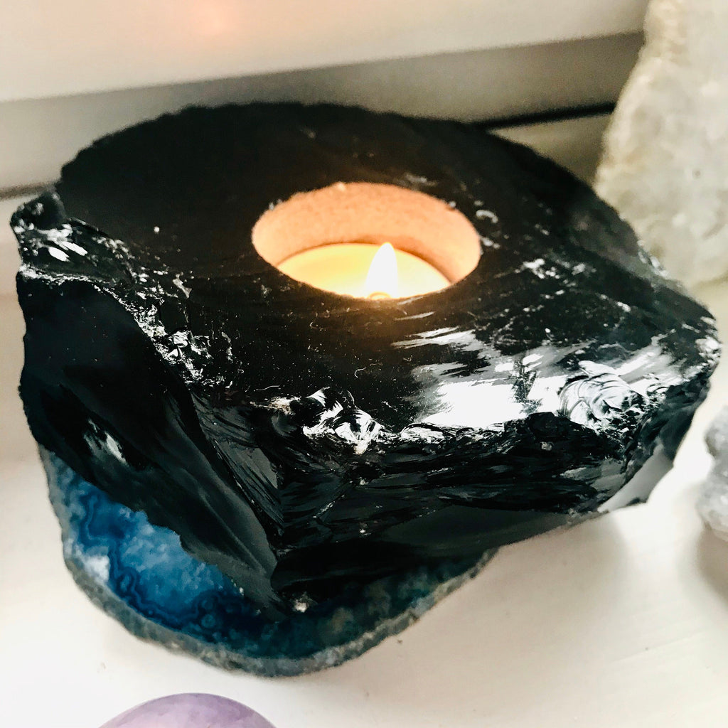 Black Obsidian Crystal T-Light Holder / Blocks Negativity / Absorbs Tension & Stress / Discourages Drama / Brings Strength And Courage - Premium  from My Store - Just £32.95! Shop now at Lumi Gemstones