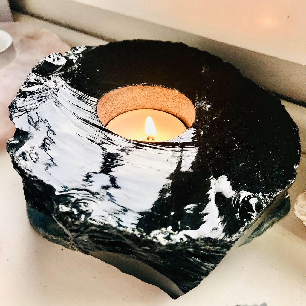 Black Obsidian Crystal T-Light Holder / Blocks Negativity / Absorbs Tension & Stress / Discourages Drama / Brings Strength And Courage - Premium  from My Store - Just £32.95! Shop now at Lumi Gemstones