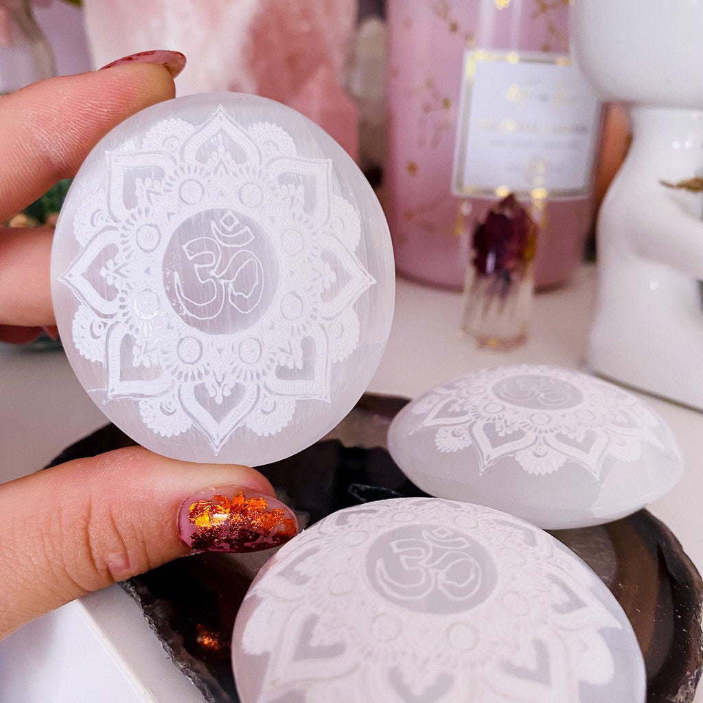 SALE! Selenite Crystal Palm Stones With Om Symbol / Help With Dealing With Abuse / Balances Sex Drive / Good For Acne, Psoriasis & Eczema - Premium  from My Store - Just £14.99! Shop now at Lumi Gemstones