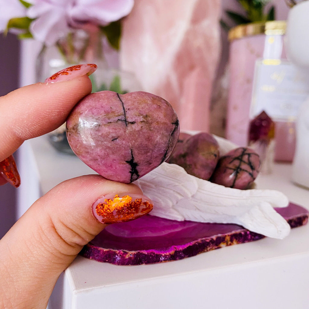 Rhodonite Crystal Love Hearts / Clears Emotional Scars & Lets You Move Forward / Mental Balance / Good For ME, Schizophrenia