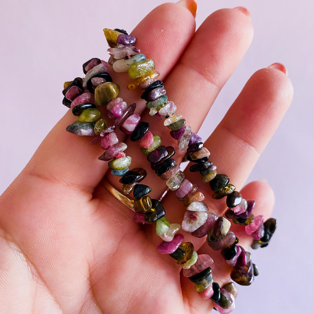 Mixed Tourmaline Crystal Chip Bracelet / Protects Against All Negativity / Encourages Optimism, Happiness, Good Luck / - Premium  from My Store - Just £15.95! Shop now at Lumi Gemstones
