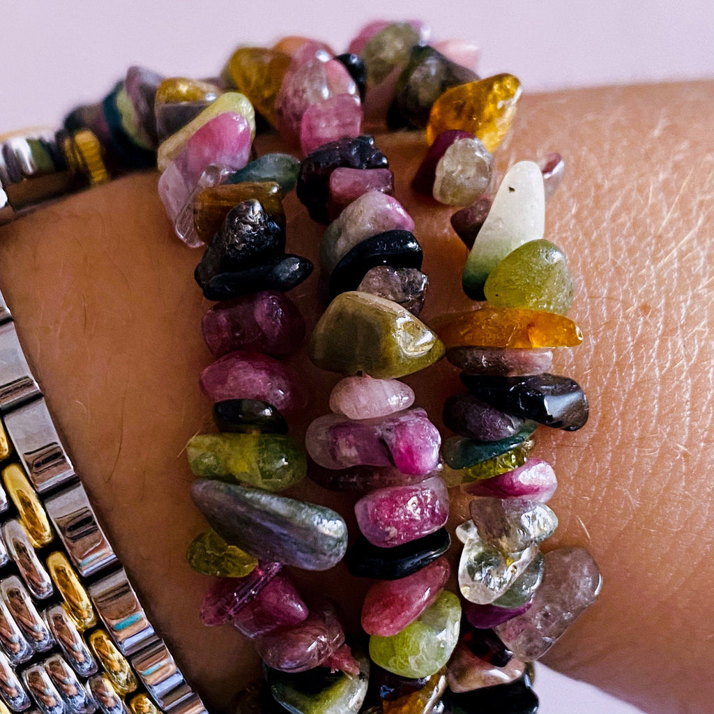 Mixed Tourmaline Crystal Chip Bracelet / Protects Against All Negativity / Encourages Optimism, Happiness, Good Luck / - Premium  from My Store - Just £15.95! Shop now at Lumi Gemstones