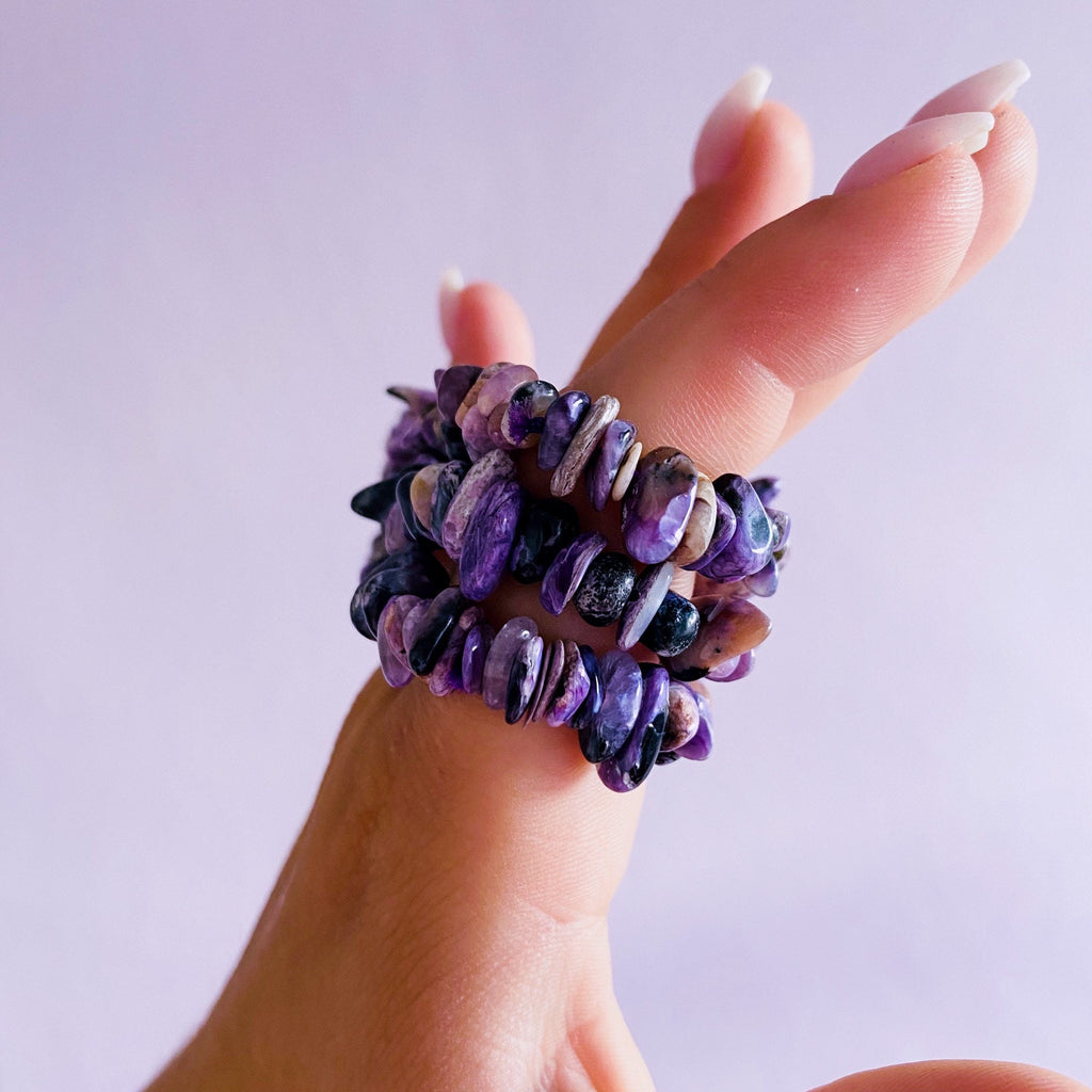 Charoite Crystal Chip Bracelets / Change & Positive Transformation / Reduces Stress, Worries / Works With Heart Chakra - Premium  from My Store - Just £15! Shop now at Lumi Gemstones