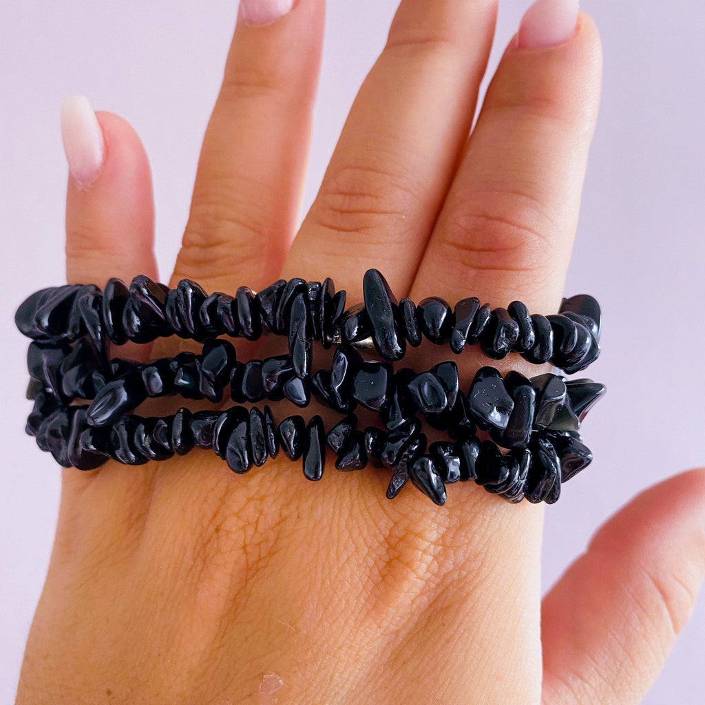 Black Tourmaline Crystal Chip Bracelets / Protect Against All Negativity / Encourages Optimism, Happiness, Good Luck / Reduces Pain & Stress - Premium  from My Store - Just £4.95! Shop now at Lumi Gemstones