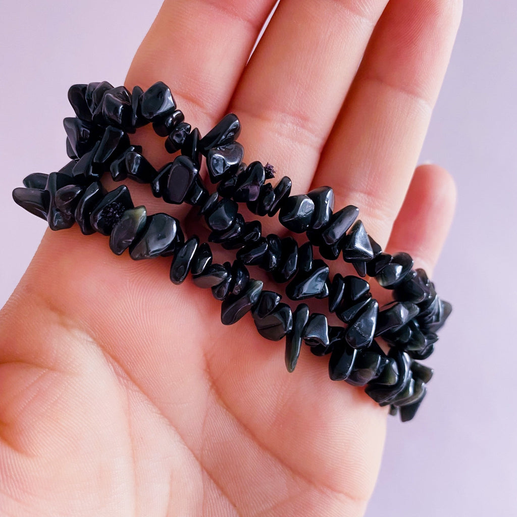 Black Obsidian Crystal Chip Bracelets / Blocks Negativity / Absorbs Tension & Stress / Grounding / Super Protective / Reduces Anger