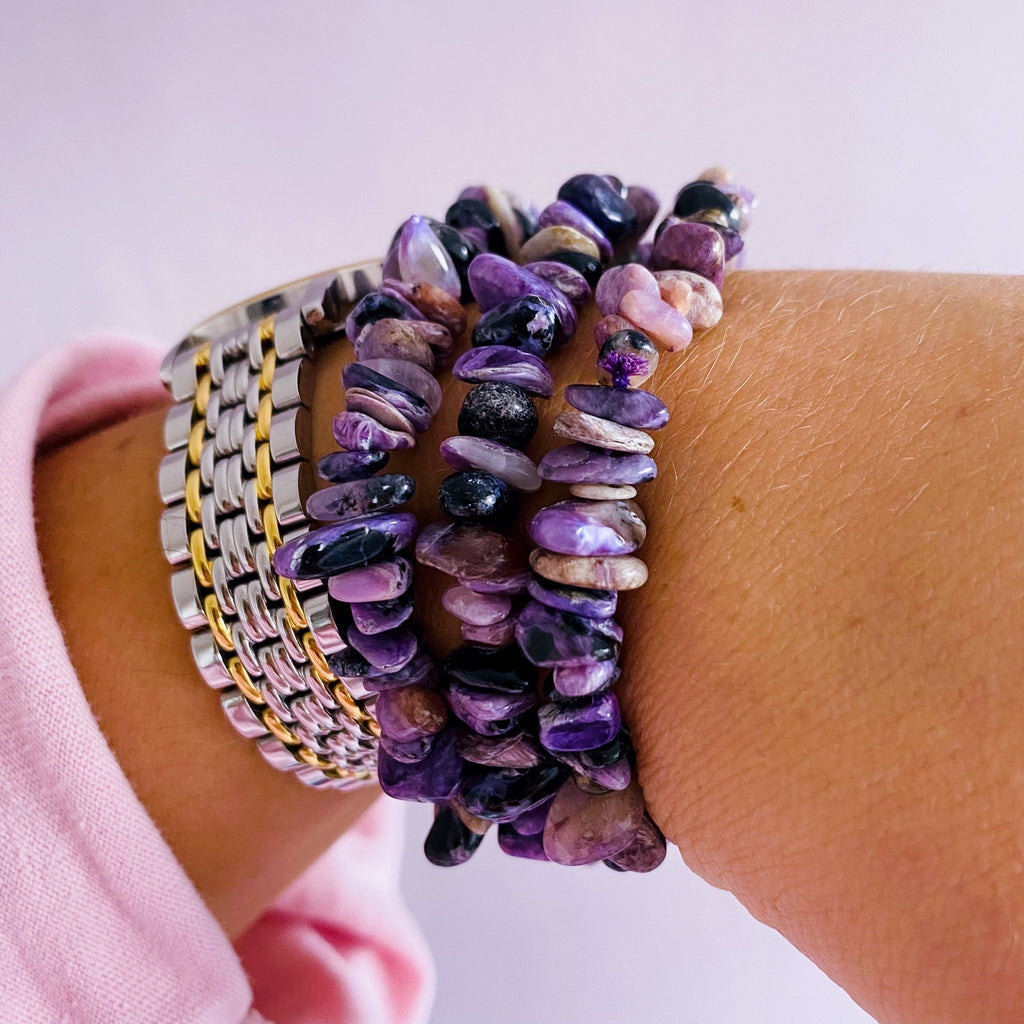 Charoite Crystal Chip Bracelets / Change & Positive Transformation / Reduces Stress, Worries / Works With Heart Chakra - Premium  from My Store - Just £15! Shop now at Lumi Gemstones