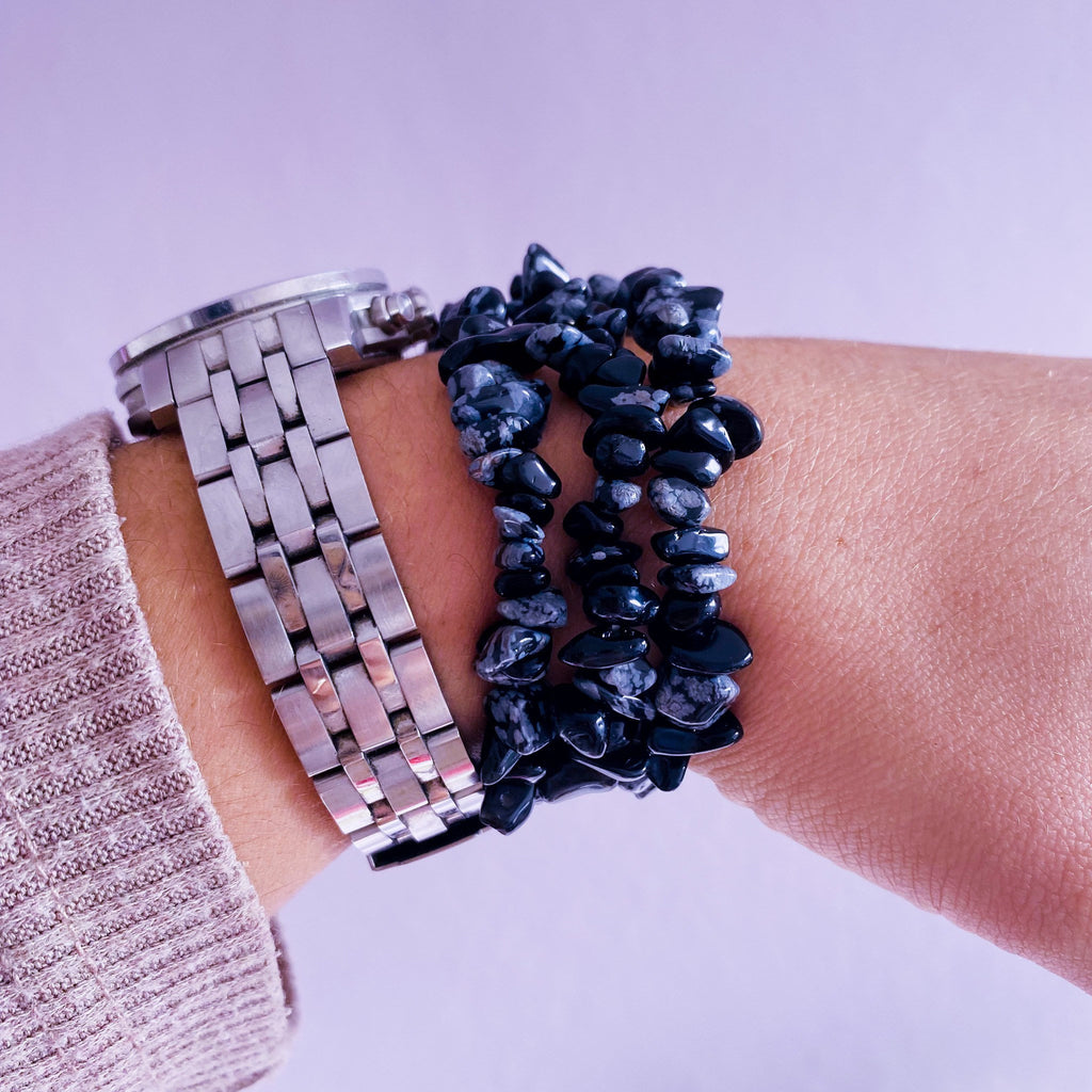 Snowflake Obsidian Crystal Chip Bracelet / Keeps You Calm & Focused During Chaos / Removes Negativity From People And Places - Premium  from My Store - Just £4.95! Shop now at Lumi Gemstones
