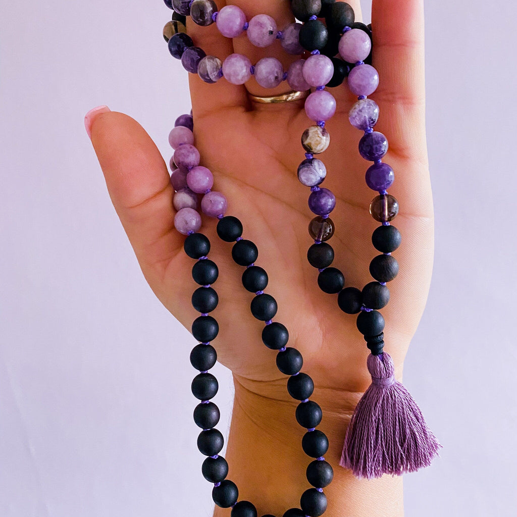 Calm Me Crystal 108 Bead Mala Necklace / Amethyst, Lepidolite, Smokey Quartz & Sandalwood / Relaxing, Anxiety Ease, Protection, Unwind - Premium  from My Store - Just £109! Shop now at Lumi Gemstones