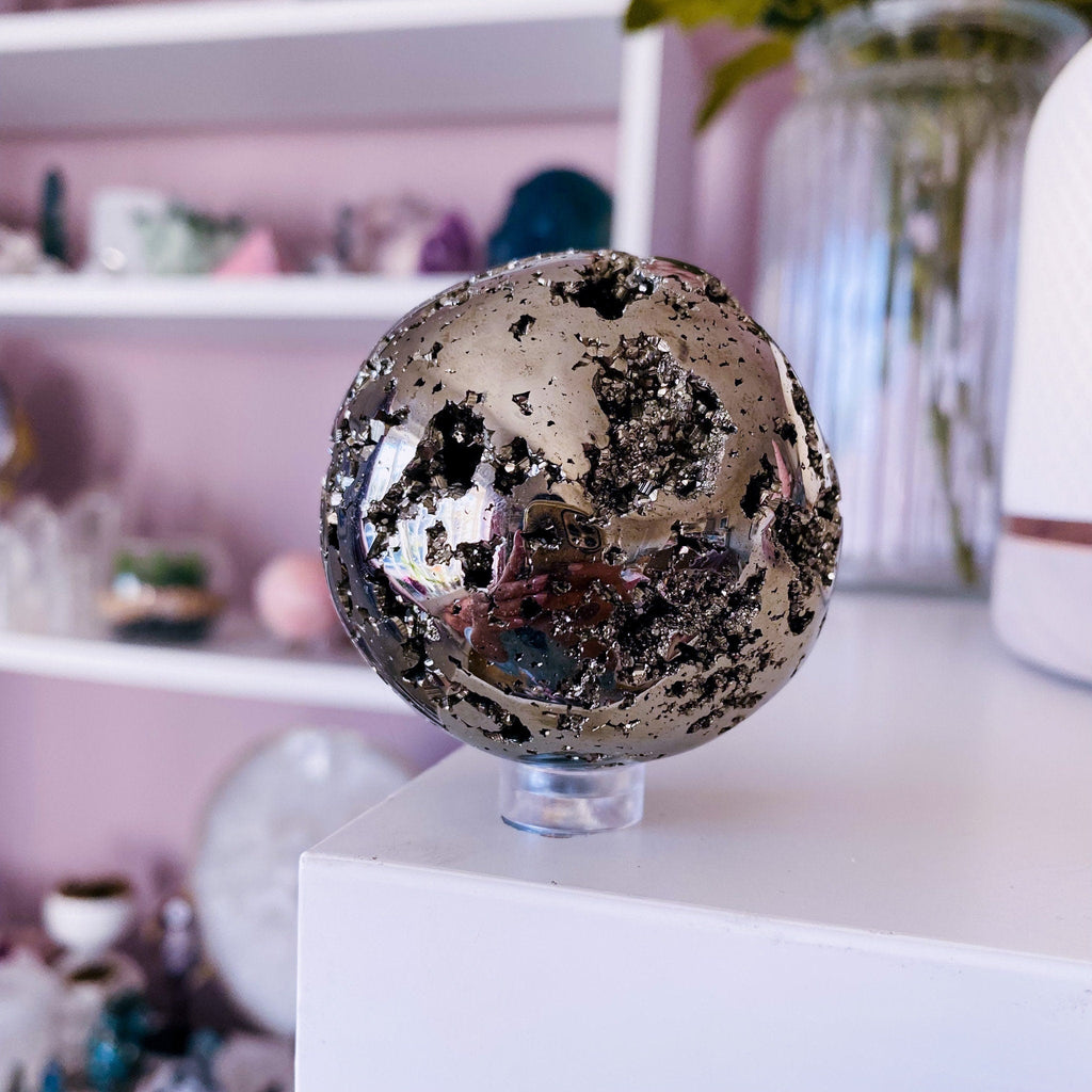2) Pyrite Chispa High Grade (Fools Gold) Crystal 53mm Sphere / Grounding, Protective, Shields From Negativity / Helps Will-Power & Anxiety - Premium  from My Store - Just £45! Shop now at Lumi Gemstones