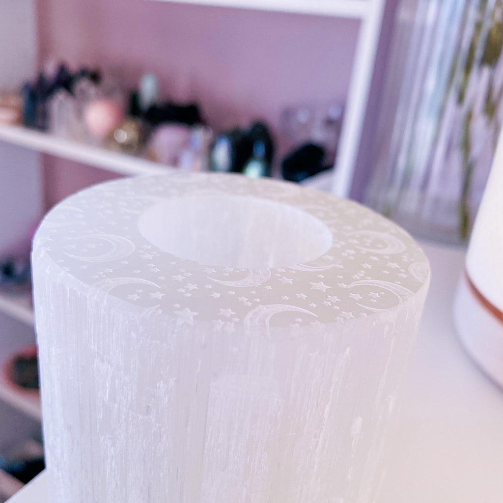 Selenite Etched Moons & Stars T-Light Candle Holder / Cleanse Crystals / Helps You To Deal With Abuse / Good For Acne, Psoriasis, Eczema - Premium  from My Store - Just £30! Shop now at Lumi Gemstones