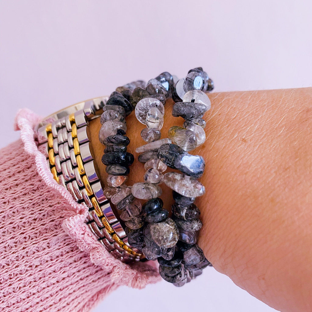 Black Tourmaline In Quartz Crystal Chip Bracelets / Protect Against Negativity / Grounding / Gives Us Courage To Leave Hostile Relationships - Premium  from My Store - Just £7.95! Shop now at Lumi Gemstones