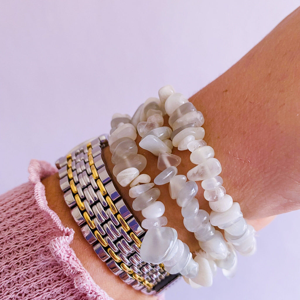 Moonstone Crystal Chip Bracelets / Soothes Depression, Anger, Worry & Anxiety / Beneficial For Pregnancy / Known As ‘Woman’s Stone’ - Premium  from My Store - Just £4.95! Shop now at Lumi Gemstones