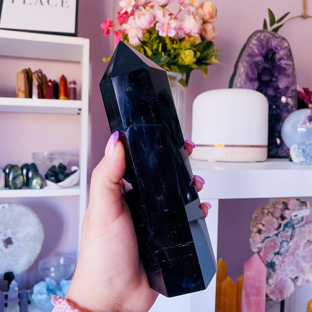 2) Black Obsidian Large Crystal Tower / Blocks Negativity / Absorbs Tension & Stress / Discourages Drama / Brings Strength And Courage - Premium  from My Store - Just £65! Shop now at Lumi Gemstones