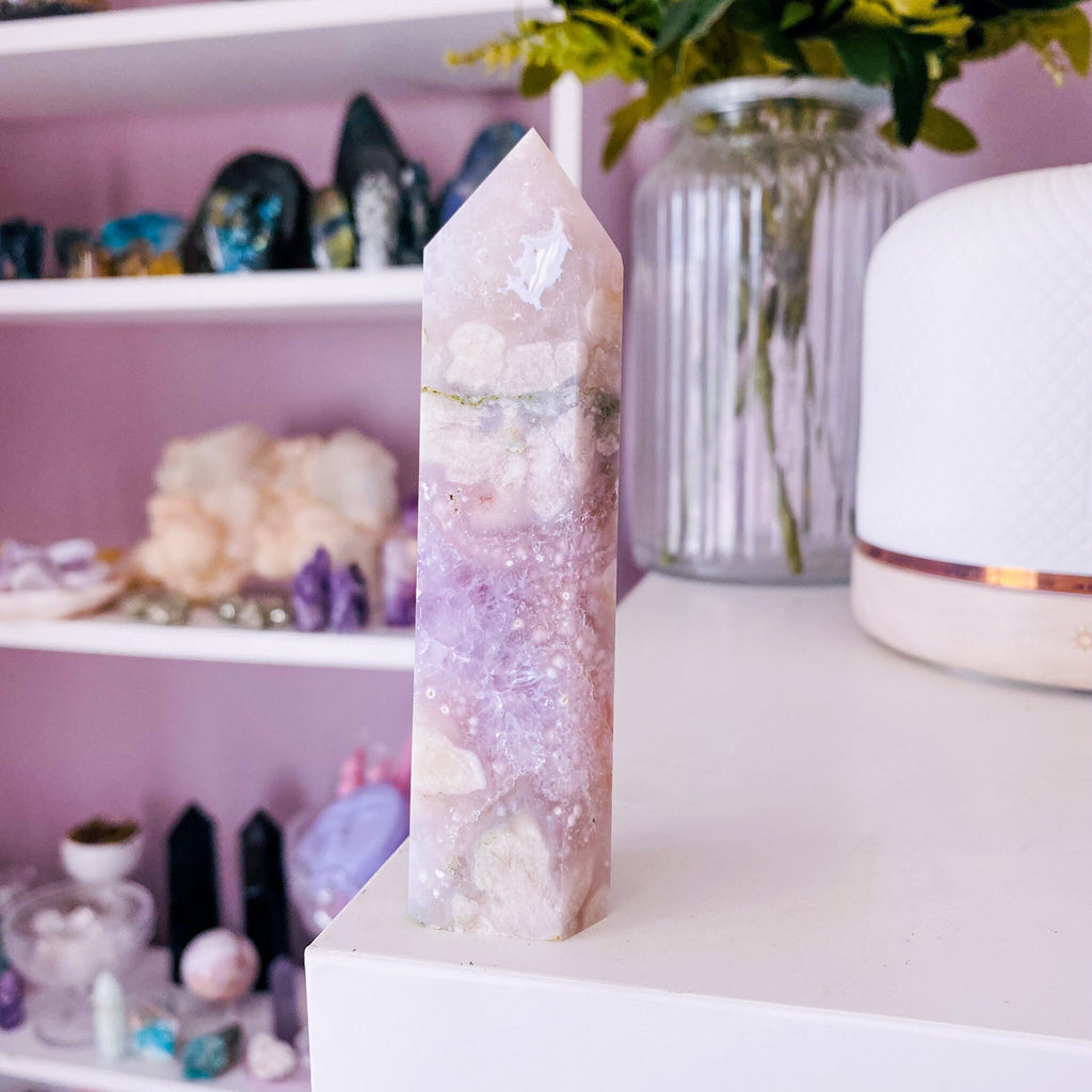 4) Pink Amethyst x Flower Agate Crystal Tower Point / Great For Soul Guidance & Being Open To All Love / Eases Anxiety, Stress, Nightmares - Premium  from My Store - Just £110! Shop now at Lumi Gemstones