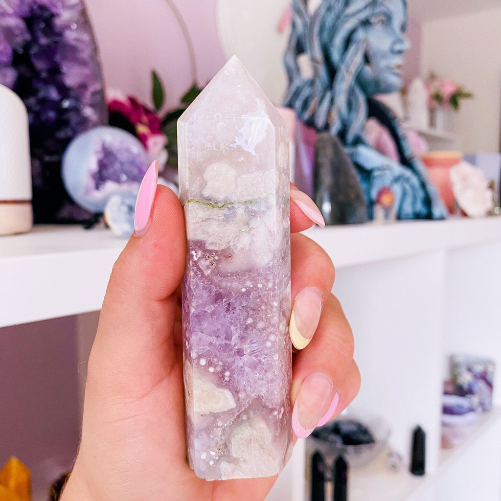 4) Pink Amethyst x Flower Agate Crystal Tower Point / Great For Soul Guidance & Being Open To All Love / Eases Anxiety, Stress, Nightmares - Premium  from My Store - Just £110! Shop now at Lumi Gemstones