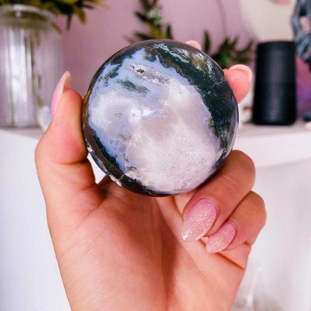 Green Moss Agate 60mm Crystal Sphere / For New Beginnings / Refreshes The Soul / Improves Self Esteem / Reduces Depression - Premium  from My Store - Just £75! Shop now at Lumi Gemstones