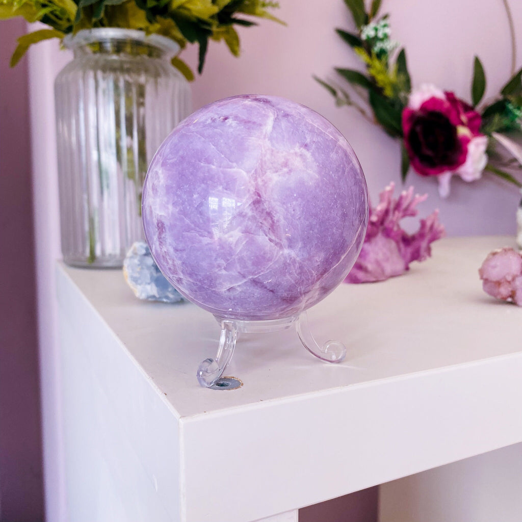 Lepidolite 70mm Large Crystal Sphere / Mood Stabiliser, Increases Tranquility & Brings Calmness / Helps Reduce Anxiety / Contains Lithium - Premium  from My Store - Just £149! Shop now at Lumi Gemstones