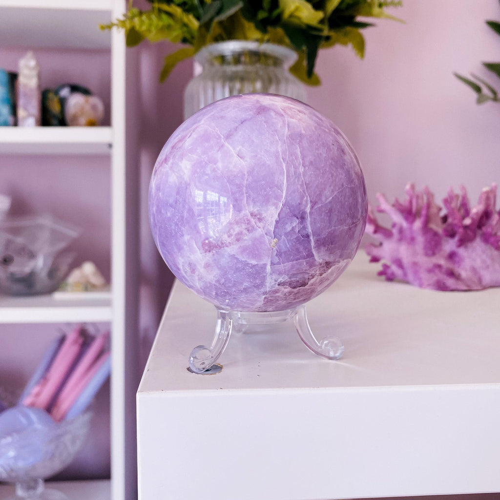 Lepidolite 70mm Large Crystal Sphere / Mood Stabiliser, Increases Tranquility & Brings Calmness / Helps Reduce Anxiety / Contains Lithium - Premium  from My Store - Just £109! Shop now at Lumi Gemstones